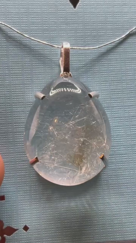 Blue Tourmaline Rutile In Quartz 950 Silver Pendant