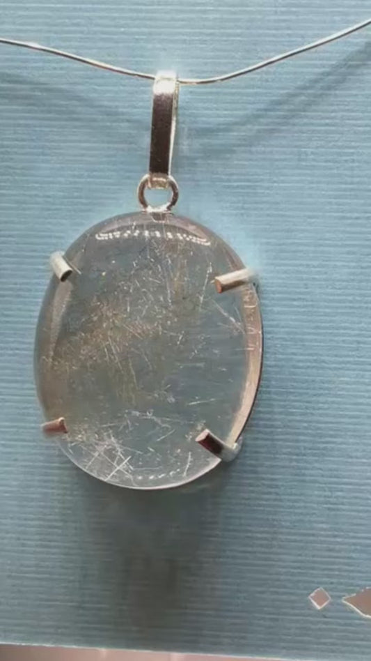 Blue Tourmaline Rutile In Quartz 950 Silver Pendant