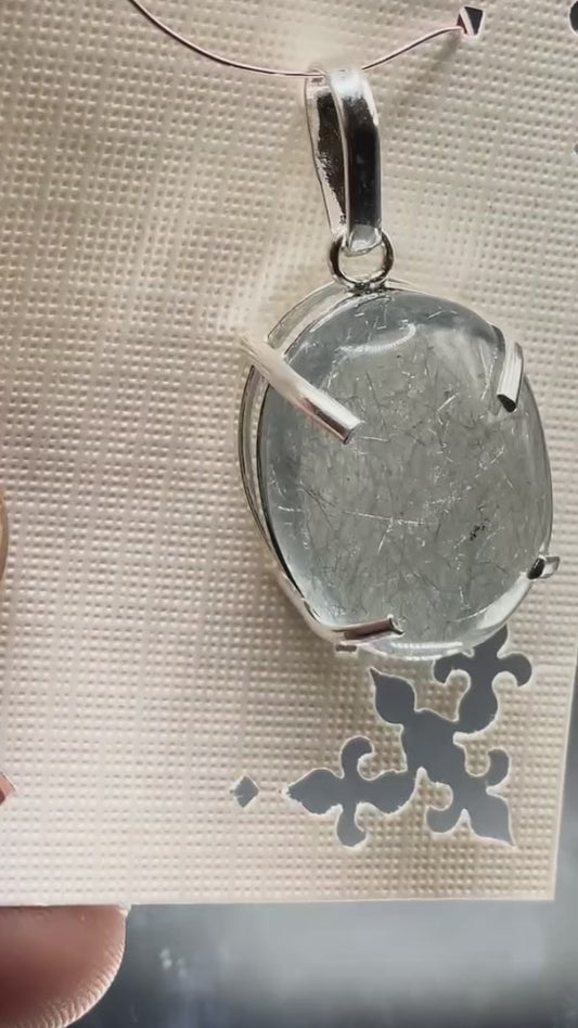 Blue Tourmaline Rutile Quartz 950 Silver Pendant