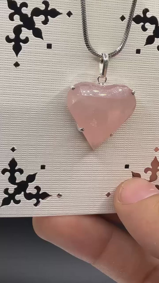 Rose Quartz Faceted Heart 950 Silver Pendant