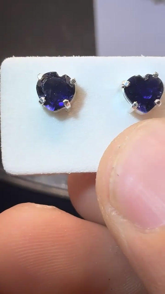 Iolite Gemstone Faceted Heart 925 Silver Earrings