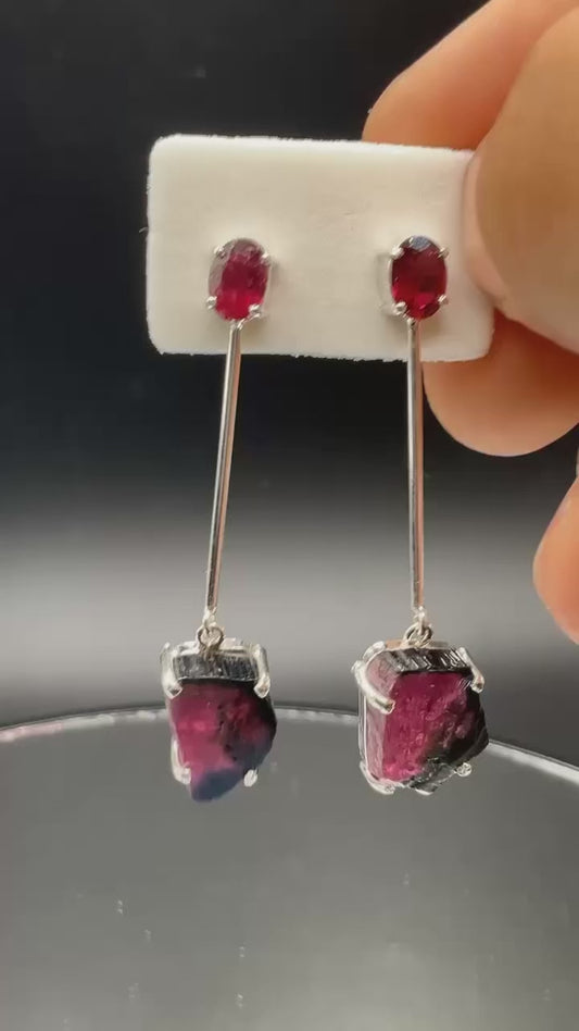 Gemstone Watermelon Tourmaline With Slice Dangle 950 Silver Earrings