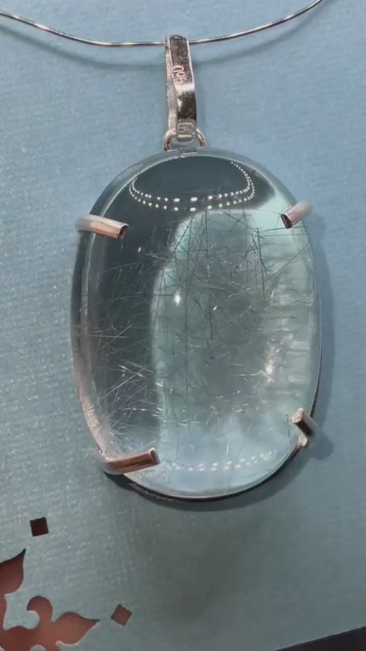 Blue Tourmaline Rutile In Quartz 950 Silver Pendant