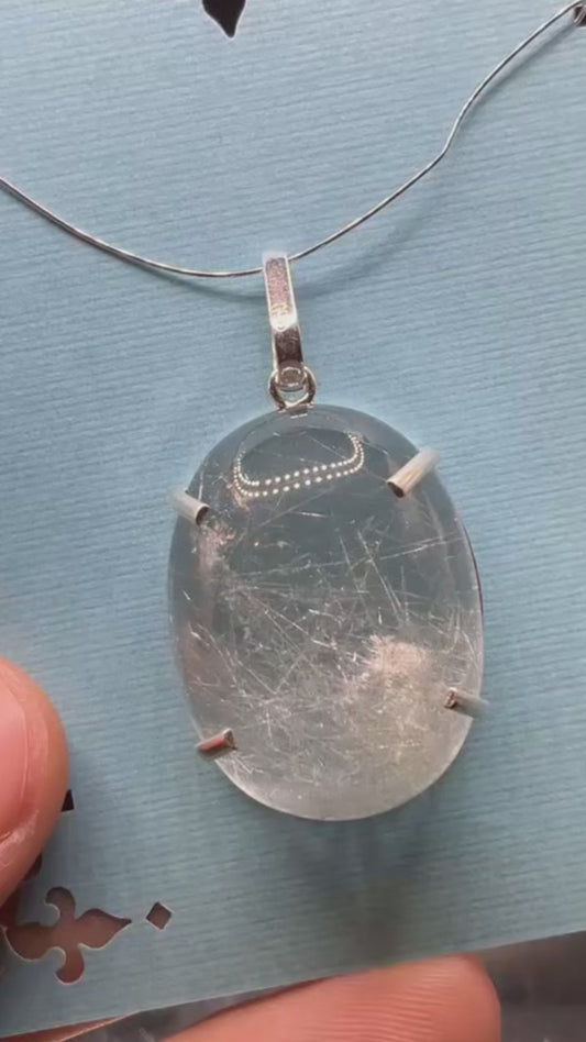 Blue Tourmaline Rutile In Quartz 950 Silver Pendant